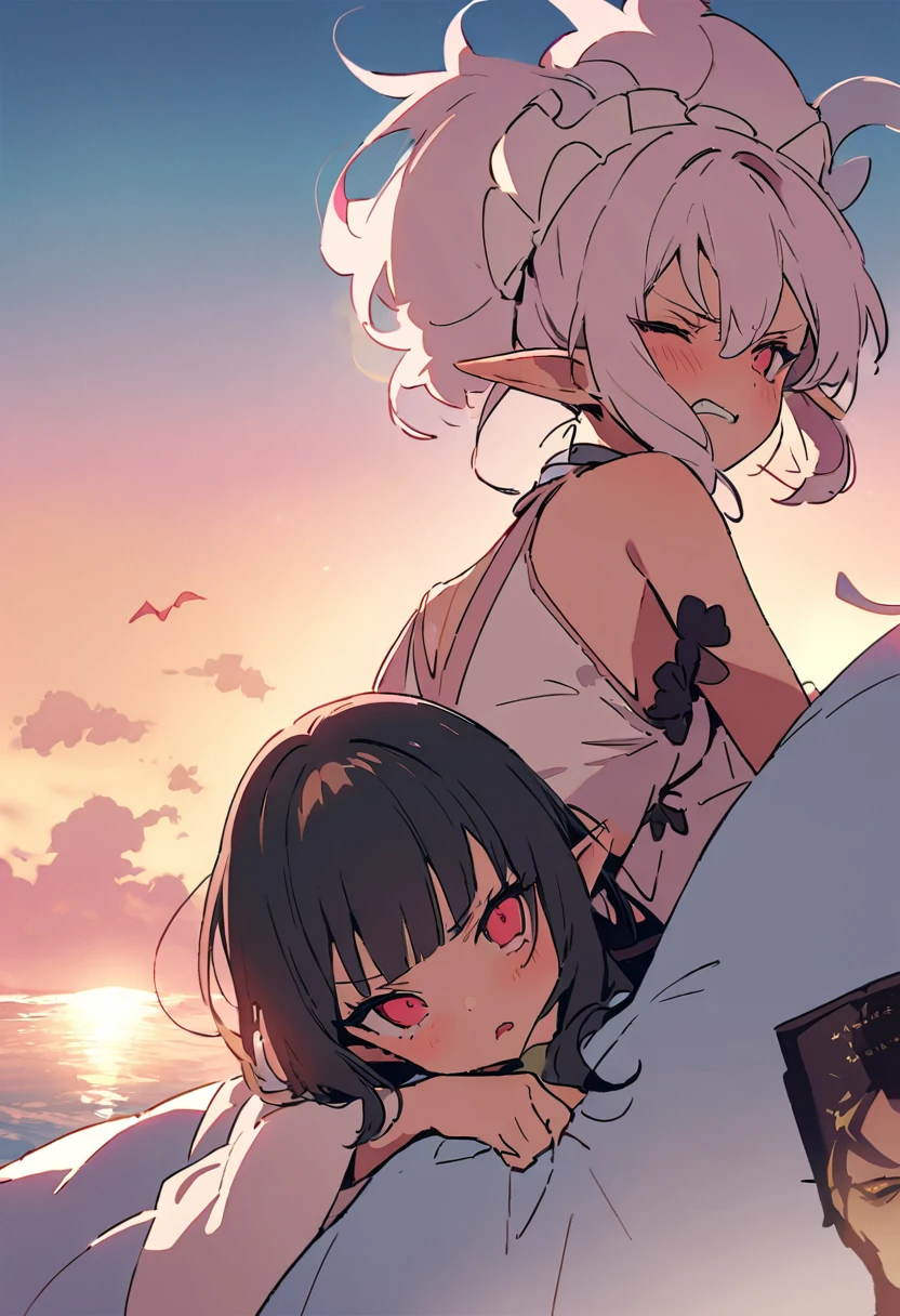 masterpiece, Highest quality, Illustration of the novel, High resolution, 18+ Adult content, Sensual, Intimate, Emotional, Passionate, romantic, sweet, Adorable, Innocent, Pure, charmな, charmな, charm, mysterious, charmな, charmな, Immersive, charmな, dream-like, Surreal, Imaginative, Whimsical, Artistic, Avant-garde, timeless, elegant, Sophisticated, chic, Sophisticated, Personality, original, charmな,(( Elf:1.3)),((A look of disgust:1.3))、Upper Body、(a bit),((Sunrise Time/Sunrise time/sunrise time:1.3))