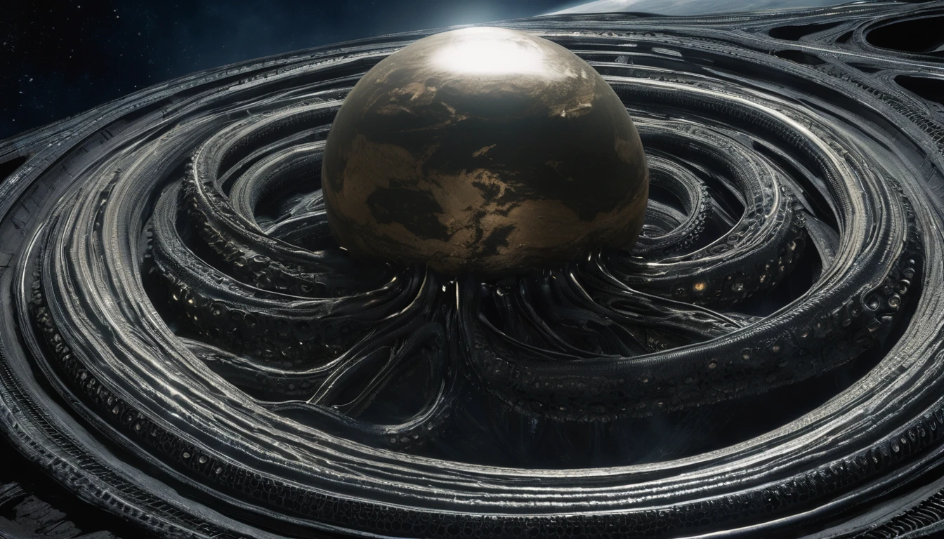 H. R. gieger planet, intricate gieger detail, movie still, nasa footage, planet with gieger detail, ridley scott film, film footage, planet with unusual surface, xenomorph planet, celestial body, anatomy, ribs, tentacles wrapped around a planet, appendage, tentacle planet, octopus xenomorph planet