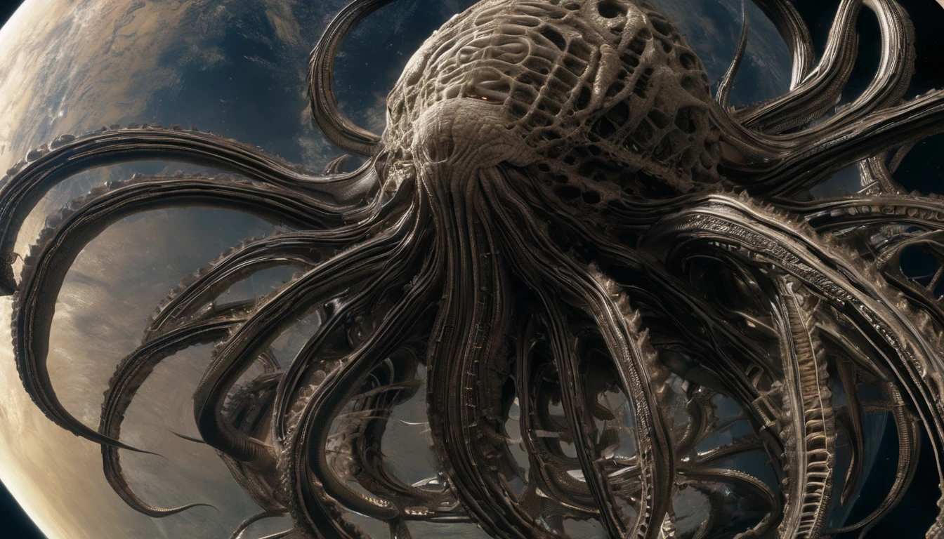 H. R. gieger planet, intricate gieger detail, movie still, nasa footage, planet with gieger detail, ridley scott film, film footage, planet with unusual surface, xenomorph planet, celestial body, anatomy, ribs, tentacles wrapped around a planet, appendage, tentacle planet, octopus xenomorph planet