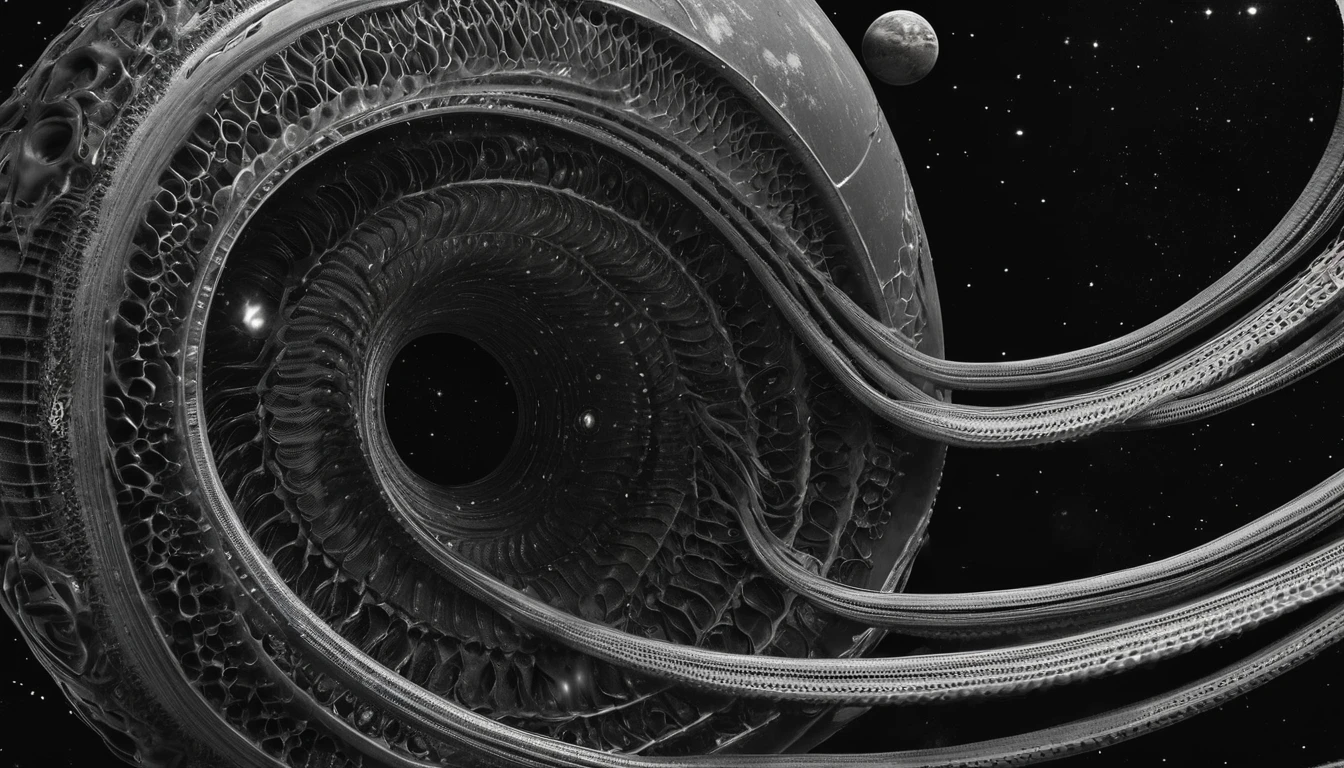 H. R. gieger planet, intricate gieger detail, movie still, nasa footage, planet with gieger detail, ridley scott film, film footage, planet with unusual surface, xenomorph planet, celestial body, anatomy, ribs, tentacles wrapped around a planet, appendage, tentacle planet, octopus xenomorph planet