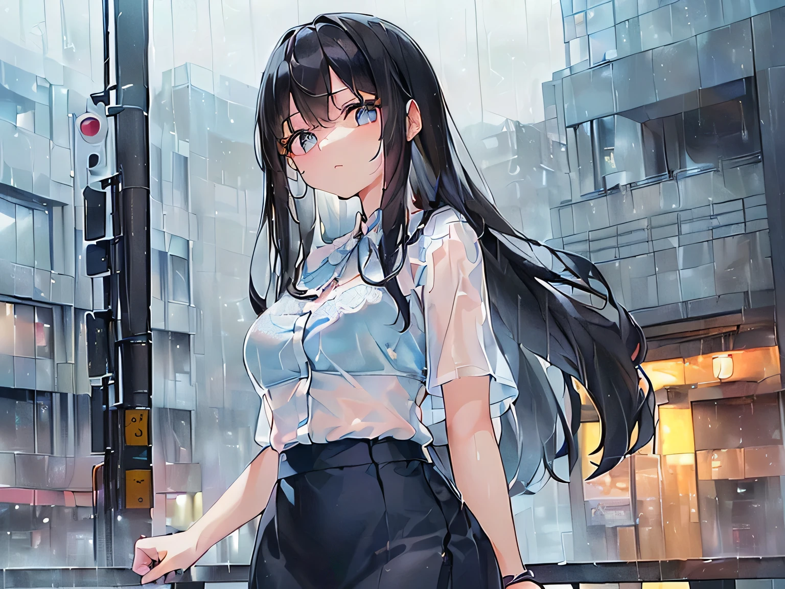 (masterpiece、Highest quality、High resolution、Realistic photo、Real looking skin:1.1)、 
(The woman&#39;s clothes are wet and transparent from the rain.、I can see the light blue bra:1.8)、
(Please provide a close-up of the upper body.:1.8)、
(standing:1.5)、 
(Confused expression:1.5)、 
(She is wearing a white short-sleeved blouse that is worn with casual clothes.:1.8)、 
(She is wearing a long blue skirt:1.5)、
(I wear pumps on my bare feet:1.5)、 
(The bra is light blue:1.8)、 
(I have long black hair:1.5)、 
(She is 25 years old:1.5)、 
(She is good-looking enough to be a receptionist.:1.5)、 
(The location was a pedestrian deck in a rainy downtown area.:1.5)、 
1 Japanese Girl、solo、Full Body Esbian、Beautiful Eyes、Shining Eyes、Shining thighs、NSFW