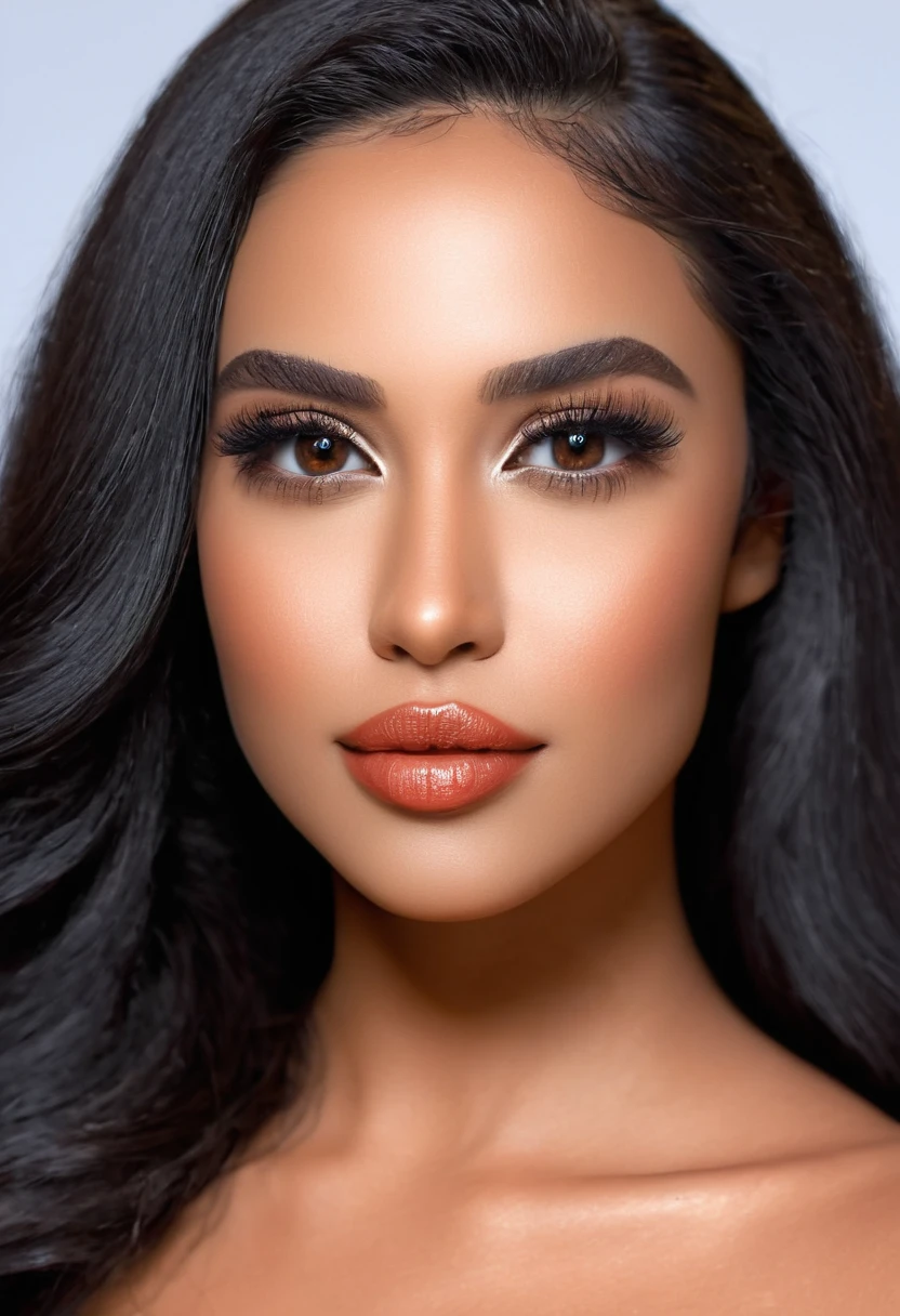 A beautiful woman, beautiful Latina face, Young Brazilian Nyvi Estephan, Brazilian supermodel, serene and elegant beauty, Angolan descent, young adult 30 years old, nerdy woman, tall woman, a stunning black woman, with indigenous features, beautiful indigenous girl, native Brazilian, ((An African girl indigenous European ebony)), ((her beauty is undeniable)), beautiful young ebony with dark skin, tanned Mexican, long black hair, straight black hair, has an exotic beauty with beautiful eyes, realistic eyes , bright eyes, ultra detailed eyes, ultra realistic eyes, natural eyes, ultra detailed iris, perfect eyes, perfect iris, hyper realistic eyes, eyeliner, long and defined eyelashes, penetrating look that conveys confidence, striking, powerful expression, strong presence, striking makeup, full, voluminous lips, seductive lips, captivating, striking, unforgettable, dazzling, mischievous smile, wide smile, your features are captivating, subtle smile on your lips, beautiful and detailed face, detailed skin texture, Notice your shaped eyebrows perfect shape, which arch gracefully above the eyes, a small nose that is proportionate to the face and the soft contour of the face that accentuates the high cheekbones. Beautiful and glowing skin, intricate details, smooth skin, healthy and radiant appearance, Attractive slim woman, Average bust, Average and beautiful breasts, athletic physique, flat stomach, slim waist, huge hips, wide hips, big ass, thick thighs, legs shapely Concept art .3D 4k, high resolution, full sharpness photo realistic, breathtaking, Lentille nette, Photographie professionnelle, Objectif 70mm, Unreal Engine 5, wallpaper, colorful, art, (Hdr: 1.5), hyperdetailed, (ArtStation: 1.5) rich color, hyper-realistic, realistic texture, (dramatic lighting), Cinestill 800
