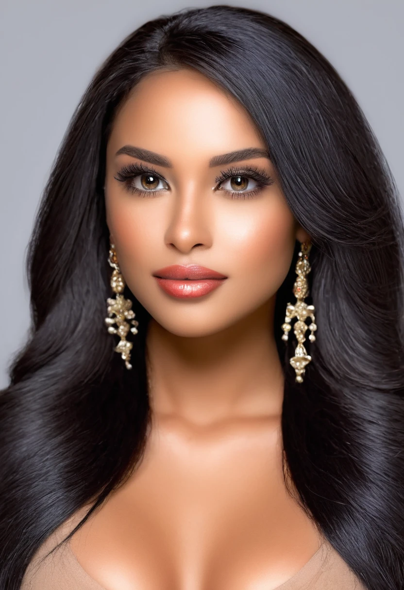 A beautiful woman, beautiful Latina face, Young Brazilian Nyvi Estephan, Brazilian supermodel, serene and elegant beauty, Angolan descent, young adult 30 years old, nerdy woman, tall woman, a stunning black woman, with indigenous features, beautiful indigenous girl, native Brazilian, ((An African girl indigenous European ebony)), ((her beauty is undeniable)), beautiful young ebony with dark skin, tanned Mexican, long black hair, straight black hair, has an exotic beauty with beautiful eyes, realistic eyes , bright eyes, ultra detailed eyes, ultra realistic eyes, natural eyes, ultra detailed iris, perfect eyes, perfect iris, hyper realistic eyes, eyeliner, long and defined eyelashes, penetrating look that conveys confidence, striking, powerful expression, strong presence, striking makeup, full, voluminous lips, seductive lips, captivating, striking, unforgettable, dazzling, mischievous smile, wide smile, your features are captivating, subtle smile on your lips, beautiful and detailed face, detailed skin texture, Notice your shaped eyebrows perfect shape, which arch gracefully above the eyes, a small nose that is proportionate to the face and the soft contour of the face that accentuates the high cheekbones. Beautiful and glowing skin, intricate details, smooth skin, healthy and radiant appearance, Attractive slim woman, Average bust, Average and beautiful breasts, athletic physique, flat stomach, slim waist, huge hips, wide hips, big ass, thick thighs, legs shapely Concept art .3D 4k, high resolution, full sharpness photo realistic, breathtaking, Lentille nette, Photographie professionnelle, Objectif 70mm, Unreal Engine 5, wallpaper, colorful, art, (Hdr: 1.5), hyperdetailed, (ArtStation: 1.5) rich color, hyper-realistic, realistic texture, (dramatic lighting), Cinestill 800