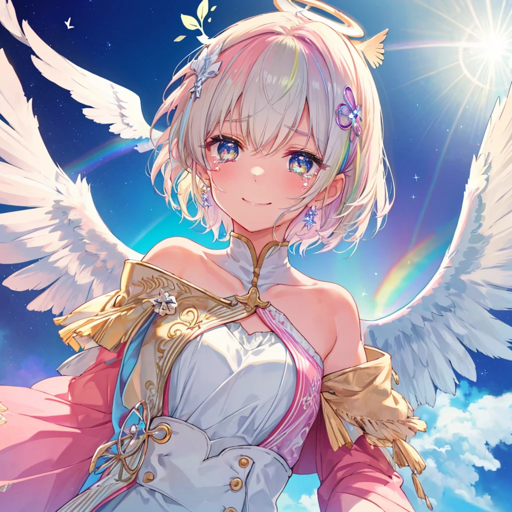 (((Extreme close-up tears smile Low - Angle Dove of peace Angel Halo))) ((輝くtears Rainbow Eyes Short Hair Receiving the light Rainbow light Place your hand on your chest Aurora Stretch your hand out towards me)) (Shining Edge Pillar of Light)