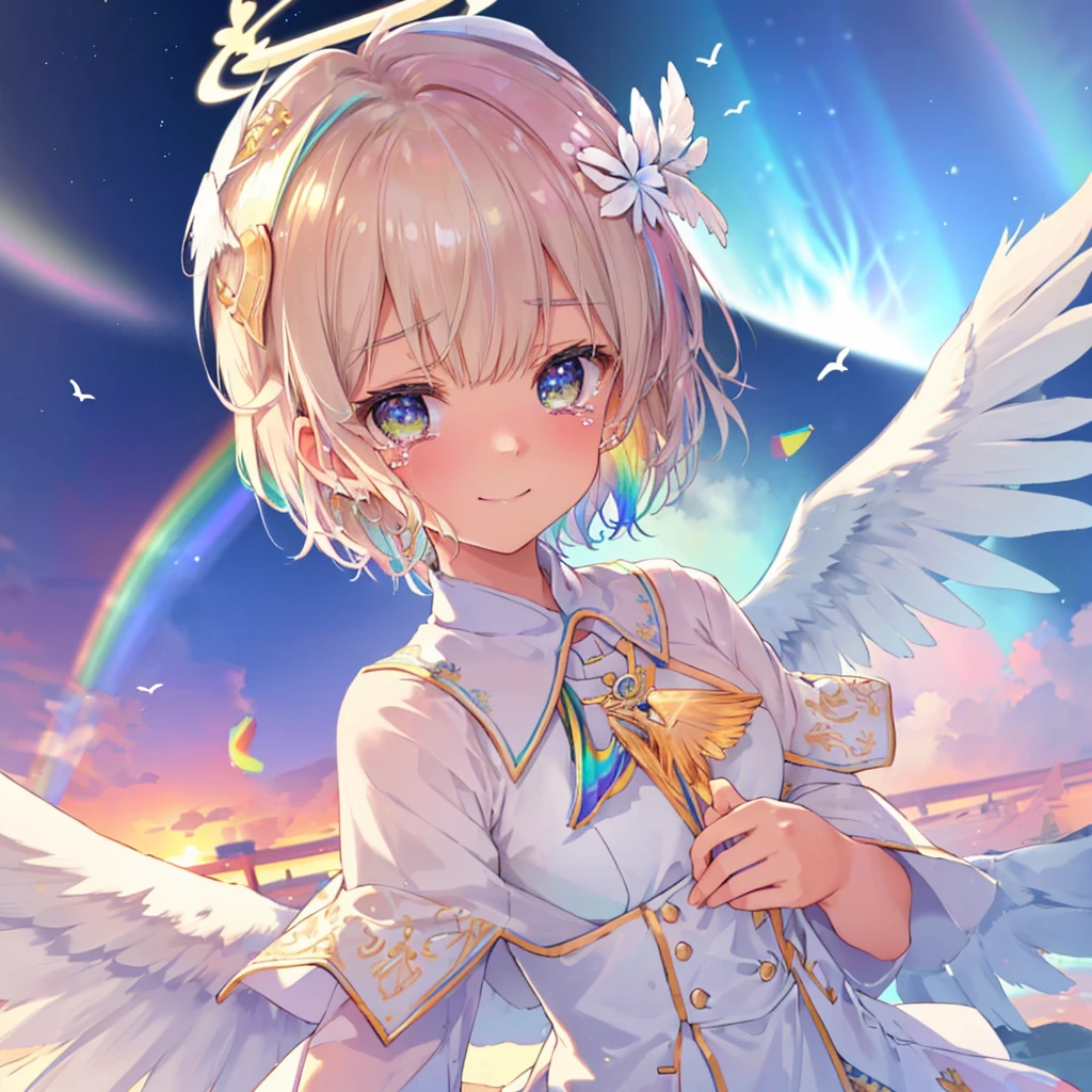 (((Extreme close-up tears smile Low - Angle Dove of peace Angel Halo))) ((輝くtears Rainbow Eyes Short Hair Receiving the light Rainbow light Place your hand on your chest Aurora Stretch your hand out towards me)) (Shining Edge Pillar of Light)