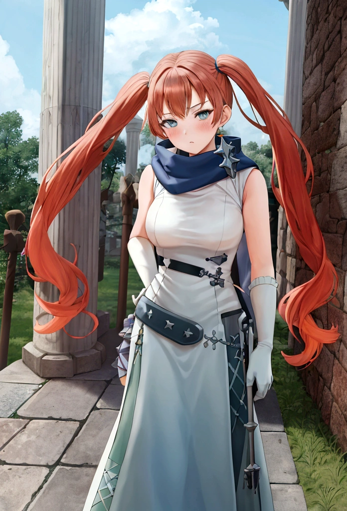 work of art, best qualityer, White girl, medium size hair, twin tails, light orange redhead, blush cheeks, turquoise eyes, long white dress, sleeveless, elbow gloves, light blue scarf, waist belt, docile expression, Medieval theme, RPG, castle background, sky appearing, holding white scepter with blue details
