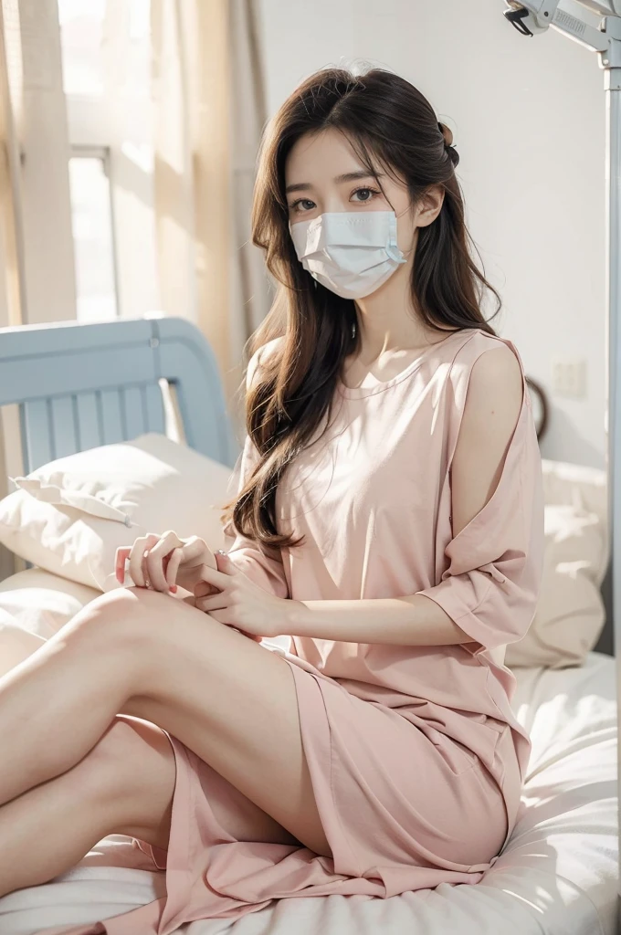 (((best quality))),(((ultra detailed))),(((masterpiece))),illustration,1girl,solo,slim,fragile,beauty,hospital gown,surgical bed,hospital operating room,contraceptive coil removal,anxiety,anticipation,long flowing hair,almond-shaped eyes,fair complexion,soft color,slender figure,tidy bow,sterile equipment,metal bed frames,healthcare professional,scrubs,surgical mask