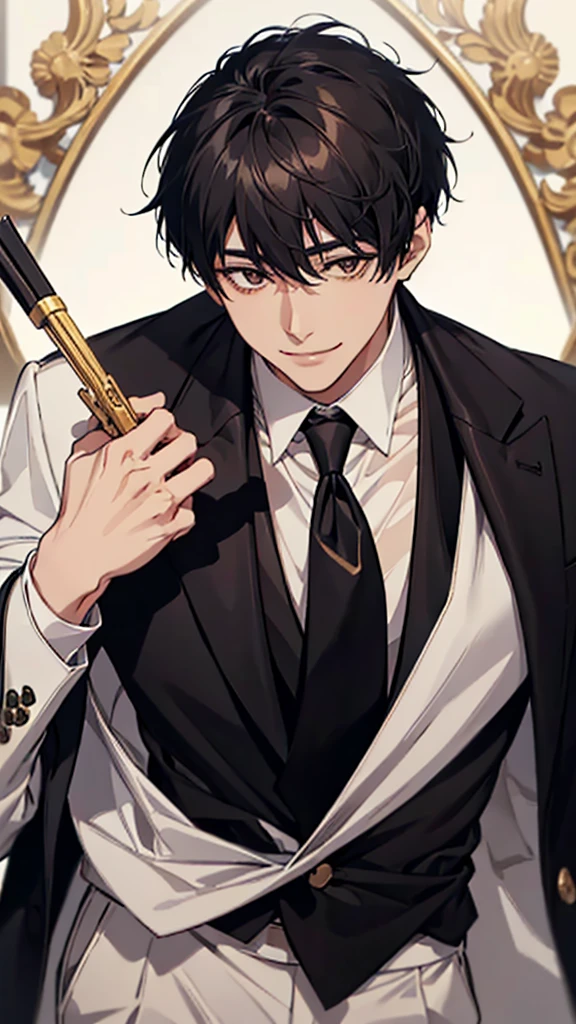 Japanese, male, (black French short hair), short hair, white suit, black shirt, black tie, gold tie clip, double eyelids, droopy eyes, narrow eyes, brown eyes, under-eye bags, smiling face