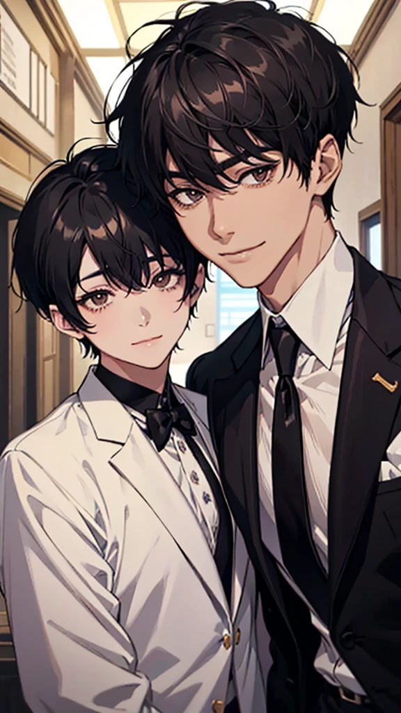 Japanese, male, (black French short hair), short hair, white suit, black shirt, black tie, gold tie clip, double eyelids, droopy eyes, narrow eyes, brown eyes, under-eye bags, smiling face