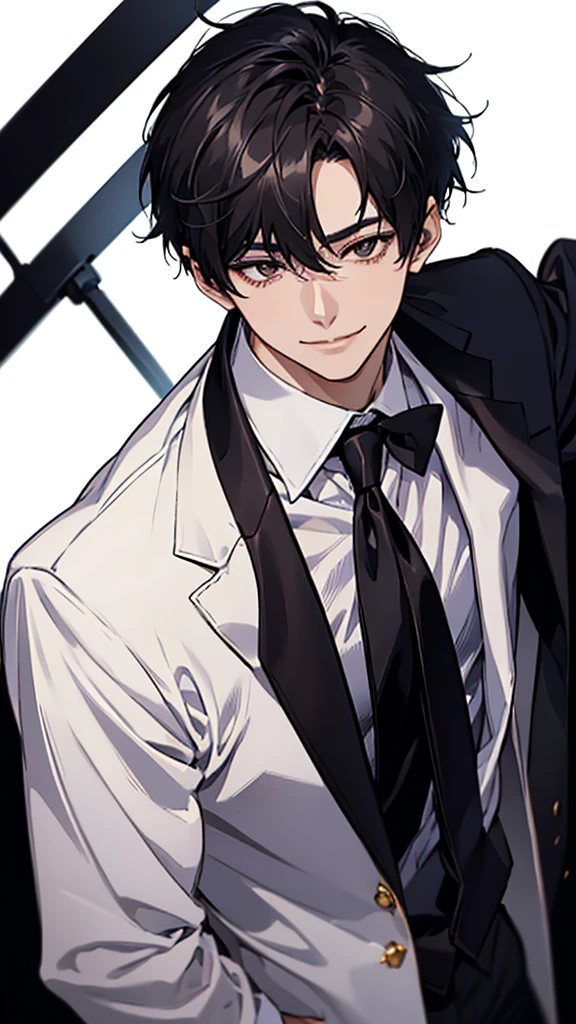 Japanese, male, (black French short hair), short hair, white suit, black shirt, black tie, gold tie clip, double eyelids, droopy eyes, narrow eyes, brown eyes, under-eye bags, smiling face