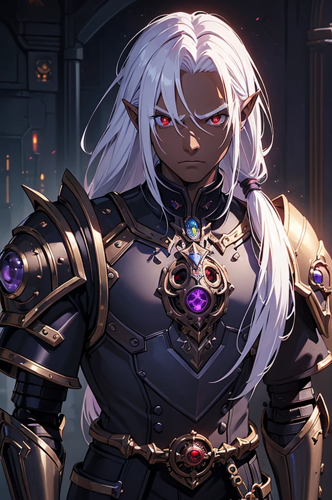 ((best quality)), ((masterpiece)), (detailed), ((boy)), ((mechanical armor)), (dungeonpunk),(steampunk), (serious), dark skinned, human, upper body, portrait, red eyes, long white hair, Xemnas from Kingdom Hearts, half-drow, pointy ears, serious face, dramatic lighting, purple hue, art by Kinema Citrus