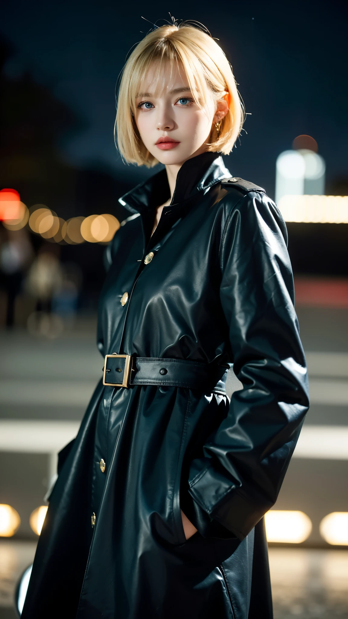 ((Best Quality, 8k, Masterpiece: 1.3)), Focus Sharp: 1.2, Outstanding Beauty: 1.4, Blonde, blue eyes, police uniform, black coat, (Night City, Street: 1.1), bob cut hairstyles, Earring, Highly Detailed Face and Skin Texture, Detailed Eyes, Double Eyelids,
