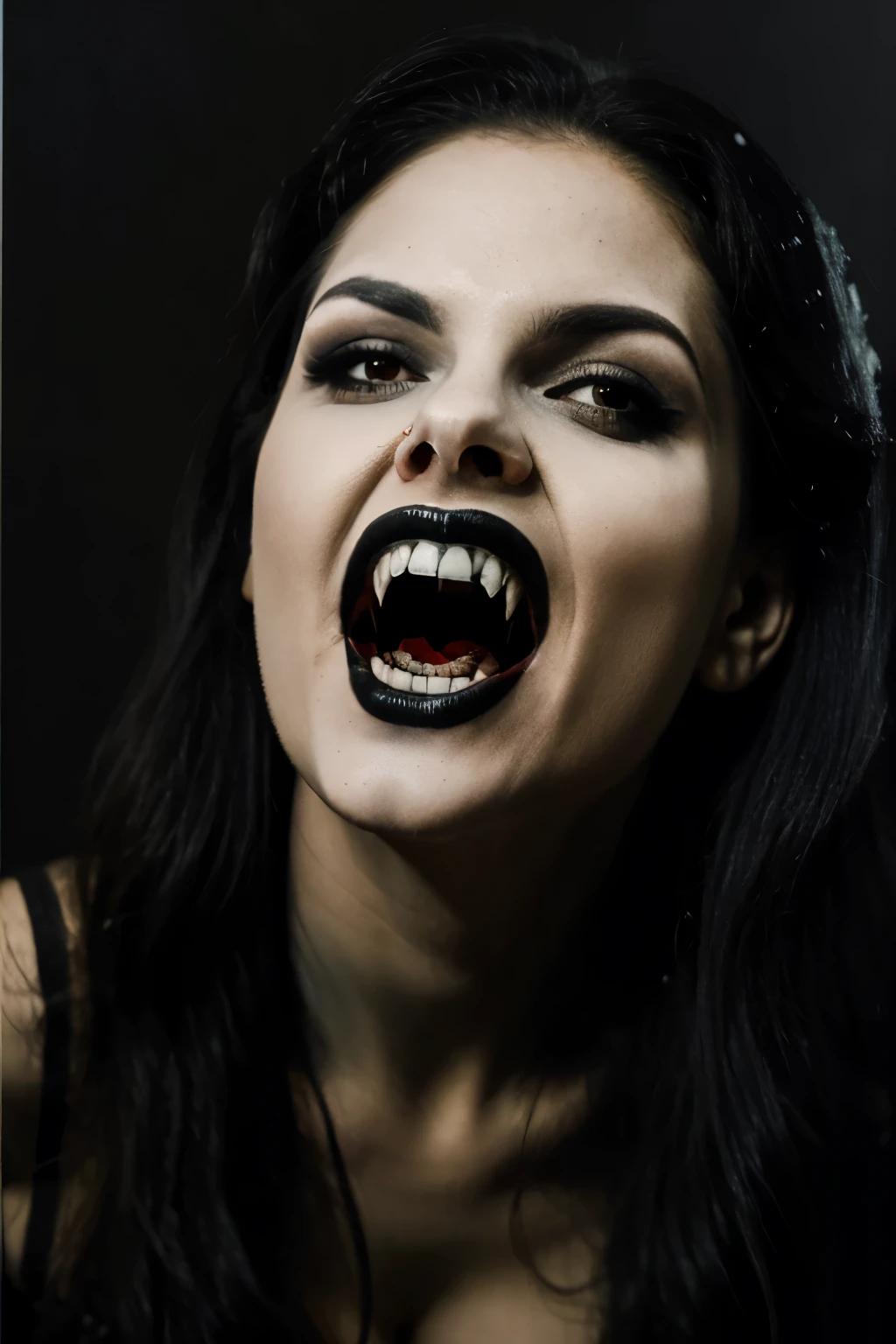 (masterpiece, top quality, best quality, official art, beautiful and aesthetic:1.2), (black and white:1.5), a pale Vampire goth girl with white skin, long hair flowing, black hair with fringe, ((open mouth, vampire teeth, angry face)), (((perfect vampire teeth))), blood dripping from mouth , demon behind in all black, occult, oil painting:1.5, gloomy, holy, dark backgroound, black background, a dark shadow behind.