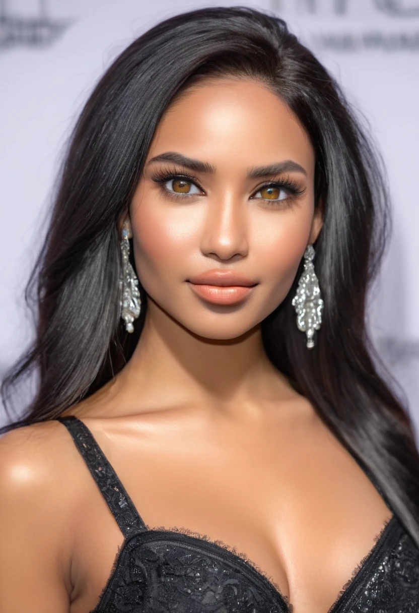 A beautiful woman, beautiful Latina face, Young Brazilian Nyvi Estephan, Brazilian supermodel, serene and elegant beauty, Angolan descent, young adult 30 years old, nerdy woman, tall woman, a stunning black woman, with indigenous features, beautiful indigenous girl, native Brazilian, ((An African girl indigenous European ebony)), ((her beauty is undeniable)), beautiful young ebony with dark skin, tanned Mexican, long black hair, straight black hair, has an exotic beauty with beautiful eyes, realistic eyes , bright eyes, ultra detailed eyes, ultra realistic eyes, natural eyes, ultra detailed iris, perfect eyes, perfect iris, hyper realistic eyes, eyeliner, long and defined eyelashes, penetrating look that conveys confidence, striking, powerful expression, strong presence, striking makeup, full, voluminous lips, seductive lips, captivating, striking, unforgettable, dazzling, mischievous smile, wide smile, your features are captivating, subtle smile on your lips, beautiful and detailed face, detailed skin texture, Notice your shaped eyebrows perfect shape, which arch gracefully above the eyes, a small nose that is proportionate to the face and the soft contour of the face that accentuates the high cheekbones. Beautiful and glowing skin, intricate details, smooth skin, healthy and radiant appearance, Attractive slim woman, Average bust, Average and beautiful breasts, athletic physique, flat stomach, slim waist, huge hips, wide hips, big ass, thick thighs, legs shapely Concept art .3D 4k, high resolution, full sharpness photo realistic, breathtaking, Lentille nette, Photographie professionnelle, Objectif 70mm, Unreal Engine 5, wallpaper, colorful, art, (Hdr: 1.5), hyperdetailed, (ArtStation: 1.5) rich color, hyper-realistic, realistic texture, (dramatic lighting), Cinestill 800