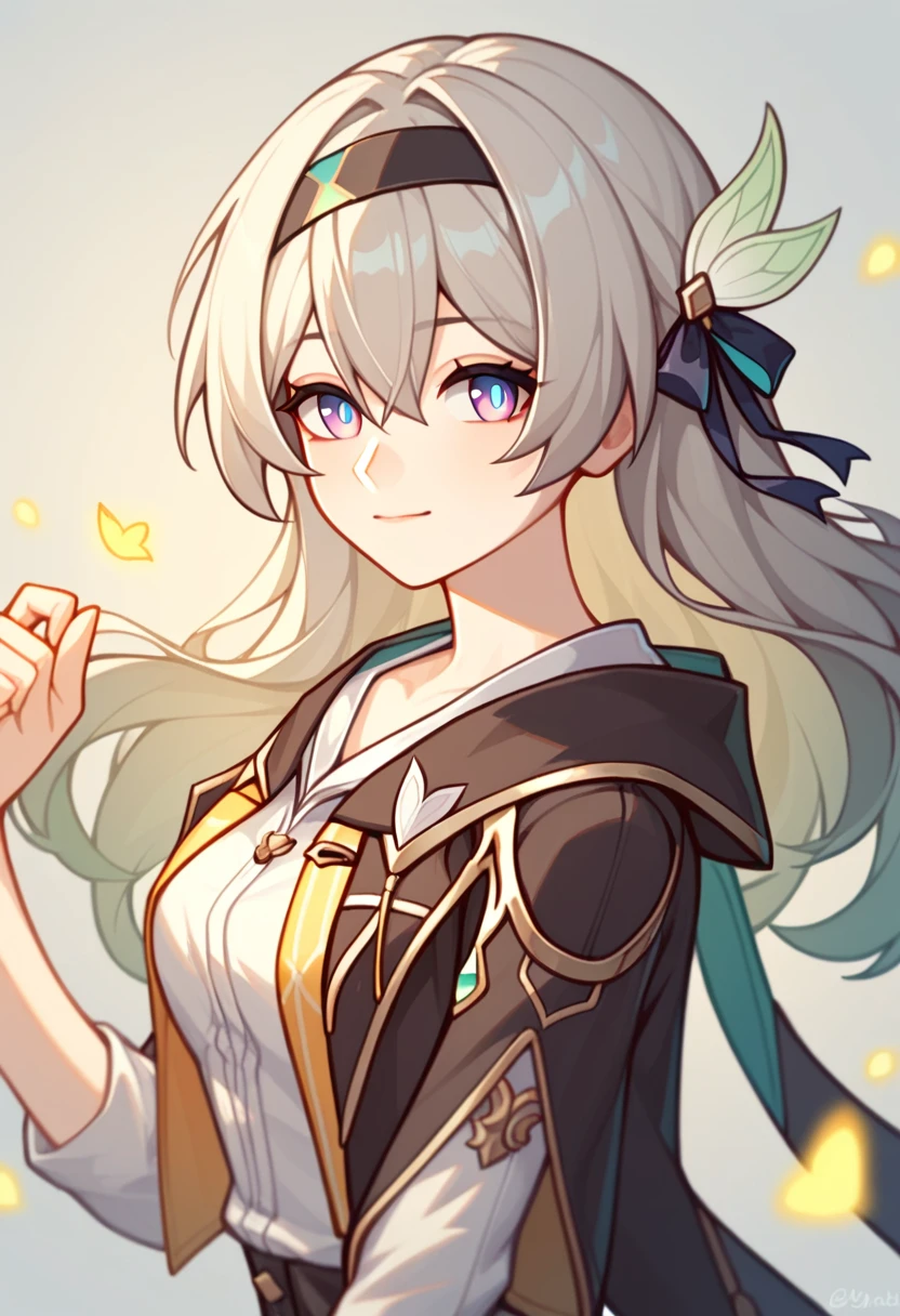 firefly_\(honkai:_star_rail\), 1girl, black_hairband, grey_hair, long_hair, purple_eyes, black_jacket, long_sleeves, hair_between_eyes, white_shirt, very_long_hair