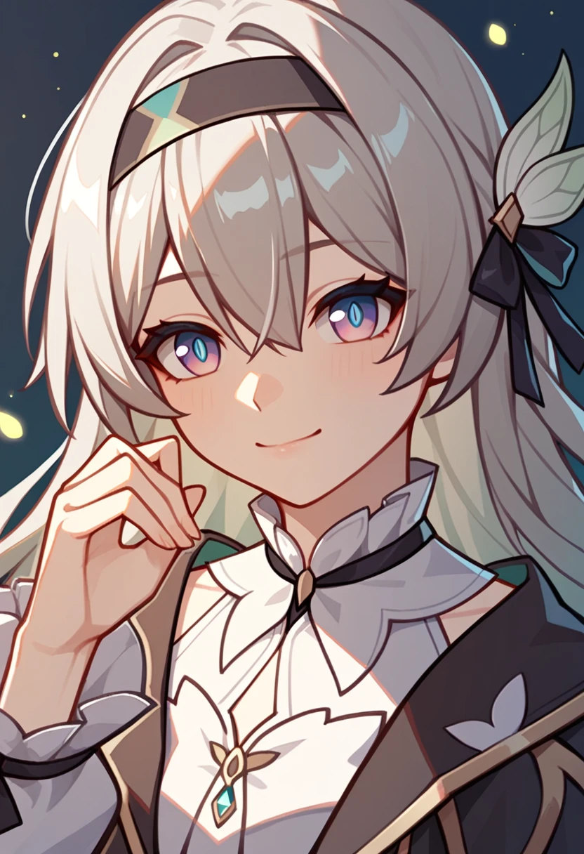 firefly_\(honkai:_star_rail\), 1girl, black_hairband, grey_hair, long_hair, purple_eyes, black_jacket, long_sleeves, hair_between_eyes, white_shirt, very_long_hair