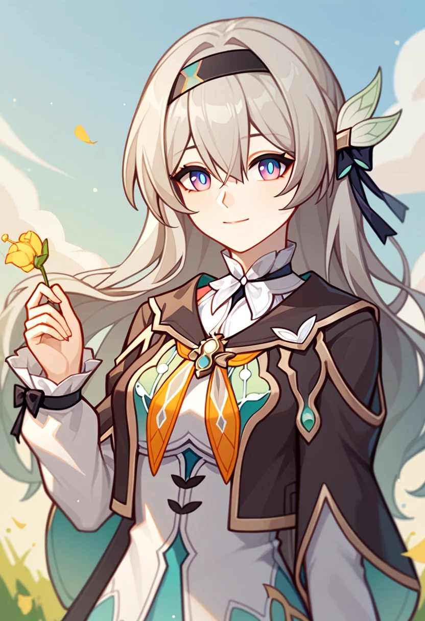firefly_\(honkai:_star_rail\), 1girl, black_hairband, grey_hair, long_hair, purple_eyes, black_jacket, long_sleeves, hair_between_eyes, white_shirt, very_long_hair