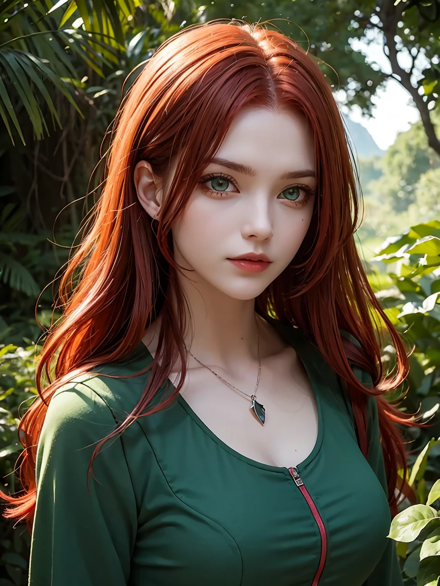Evil Woman, with tall red hair, green eyes, plants everywhere, forest Background, green outfit