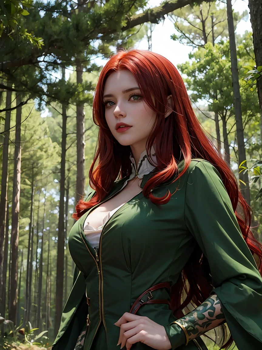 Evil Woman, with tall red hair, green eyes, plants everywhere, forest Background, green outfit