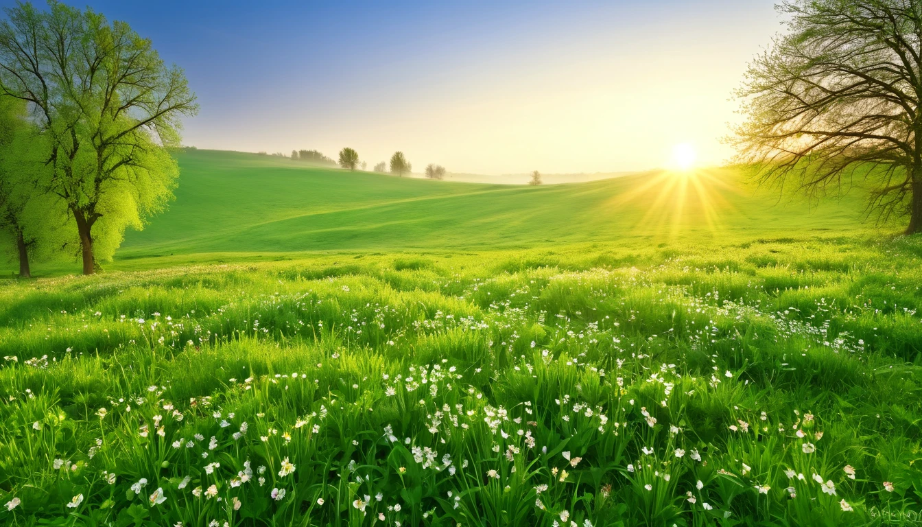 realistic photo, masterpiece, a spring morning at sunrise with the sweet scent of life, in an open meadow