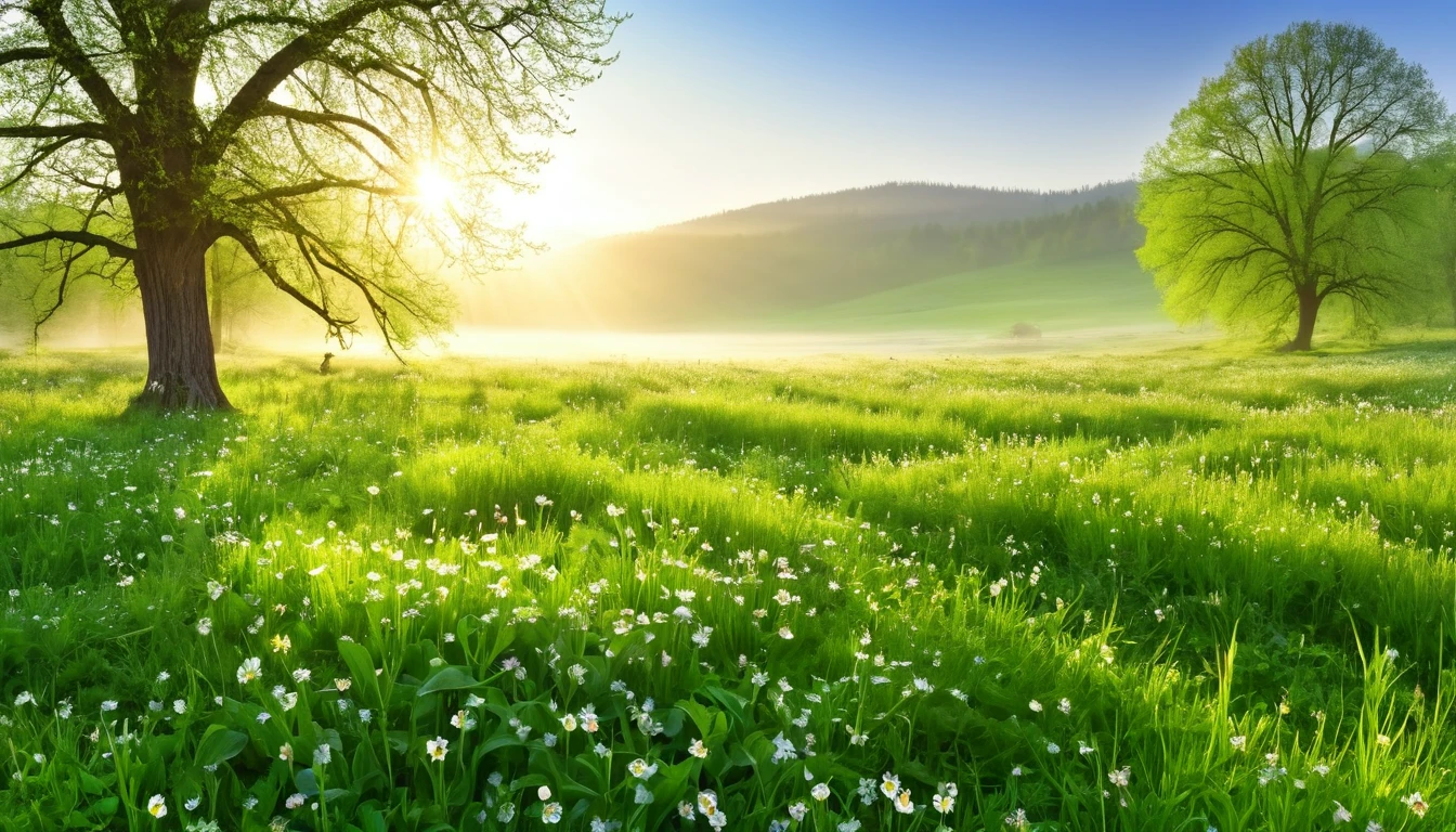 realistic photo, masterpiece, a spring morning at sunrise with the sweet scent of life, in an open meadow