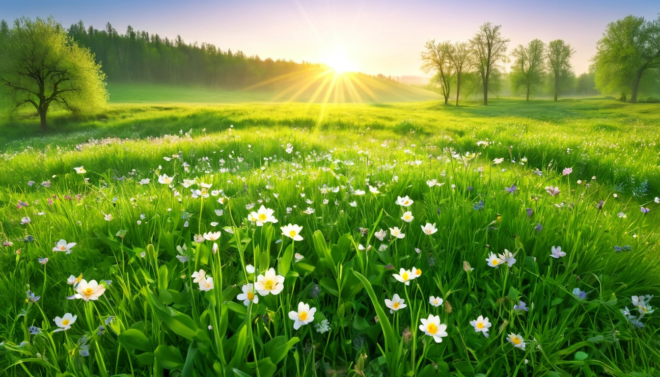 realistic photo, masterpiece, a spring morning at sunrise with the sweet scent of life, in an open meadow