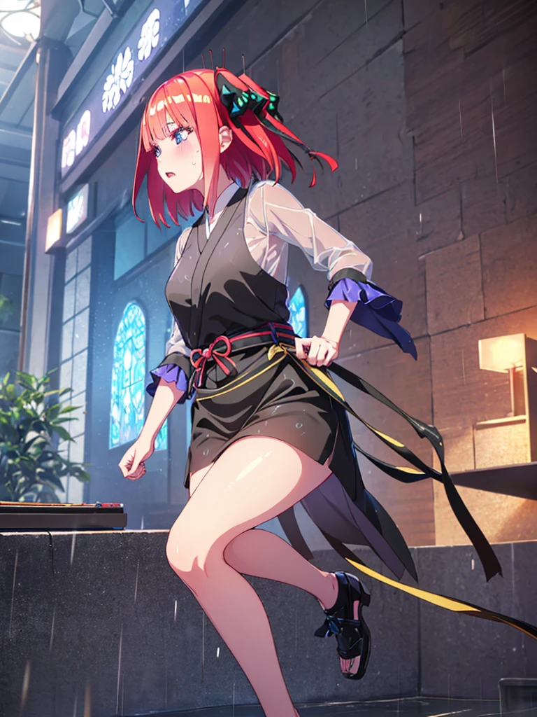 Nino　nanaco、short hair, Twin tails、Pink Hair、 blue eyes, hair ornaments, Hair Ribbon, blunt , Both sides up, butterfly hair ornaments, skirt, No sleeve、Random color see-through kunoichi costume、Japanese see-through female samurai costume、See-through female ninja costume,, Open clothes, Collared dress emphasizes cleavage、胸の谷間のSweat is noticeable、Professional lighting light reflection、 looking at viewer, (masterpiece:1.2), Highest quality, High resolution, unity 8k wallpaper, (figure:0.8), (Beautiful fine details:1.6), Highly detailed face, Perfect lighting, Highly detailed CG, (Perfect hands, Perfect Anatomy),heavy rain、heavy rainで全身びしょ濡れ、heavy rainで全身びしょ濡れの服、High heels、 ((Perfect handsの形))、(Perfect foot shape、Embarrassed expression、blush、Gestures to seduce a man、Shining Sweat、Perfect Skin,Sweat is noticeable、太もものSweat is noticeable、 Fair skin,Tight waist, Sweating profusely、Sweaty hair、Sweaty clothes、Sweaty、Visible sweat、rain-wet hair、A vast Western church with stained glass windows