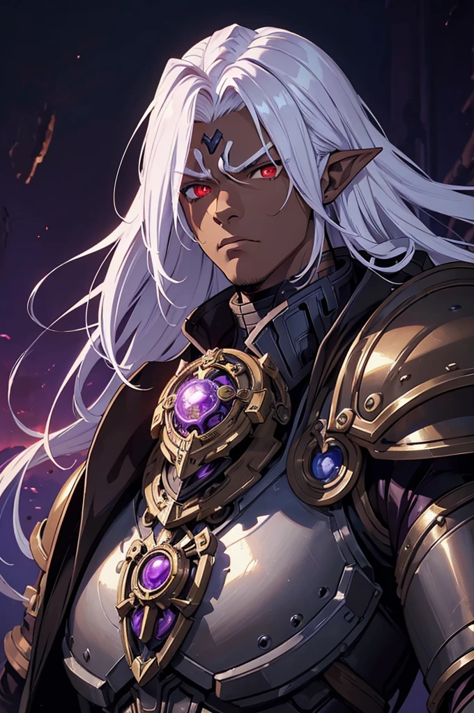 ((best quality)), ((masterpiece)), (detailed), ((boy)), ((mechanical armor)), (dungeonpunk),(steampunk), (serious), dark skinned, human, upper body, portrait, red eyes, long white hair, Xemnas from Kingdom Hearts, half-drow, pointy ears, serious face, dramatic lighting, purple hue, art by Kinema Citrus