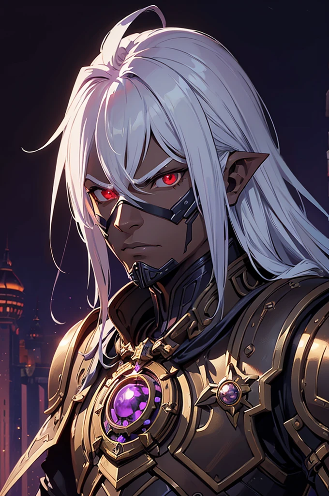 ((best quality)), ((masterpiece)), (detailed), ((boy)), ((mechanical armor)), (dungeonpunk),(steampunk), (serious), dark skinned, human, upper body, portrait, red eyes, long white hair, Xemnas from Kingdom Hearts, half-drow, pointy ears, serious face, dramatic lighting, purple hue, art by Kinema Citrus
