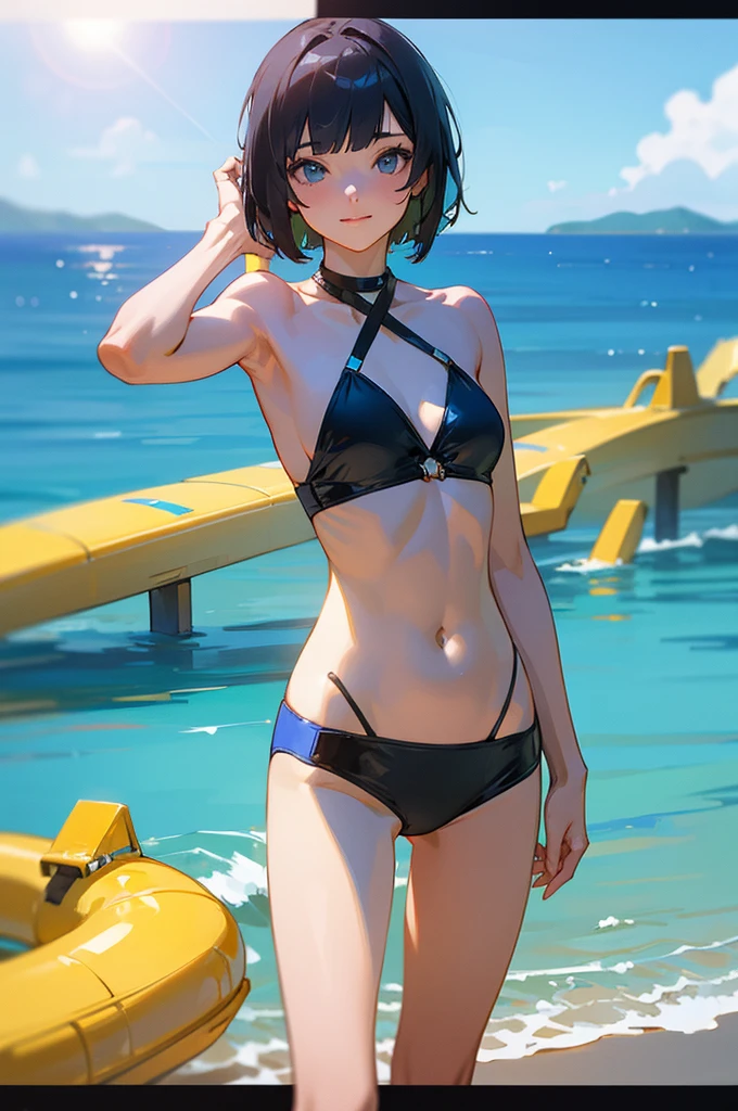 8K high quality,1 pretty girl,Complete limbs,Full Finger,Short Bob,bikini,Summer Sea、blue sky,Sexy pose