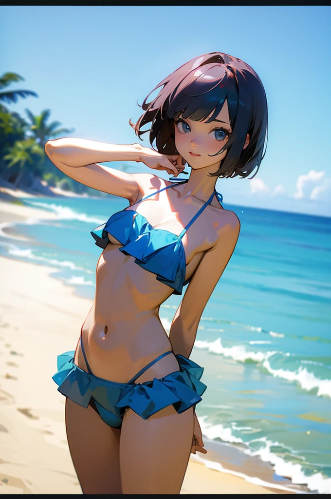 8K high quality,1 pretty girl,Complete limbs,Full Finger,Short Bob,bikini,Summer Sea、blue sky,Sexy pose