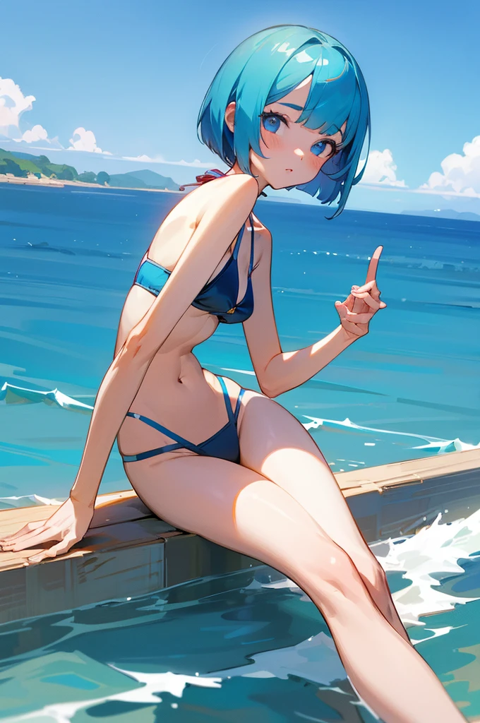 8K high quality，1 pretty girl，Complete limbs，Full Finger，Short Bob，bikini，Summer Sea、blue sky，Sexy pose