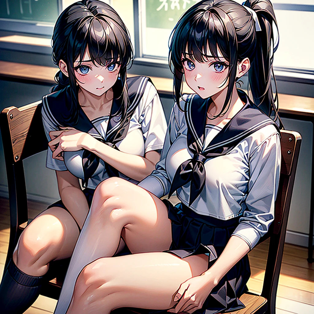 (masterpiece、Highest quality、High resolution、Highest quality、Realistic depiction)Created by Girl(whole body)、Black hair ponytail、Beautiful Eyes、high school girl、Classroom after school、Panty shot from the front、Show me your underwear、Pull up your skirt with all your might、Sailor suit、　　Big Breasts、Chest、M-shaped legs(Sitting on a chair)valley、Embarrassed