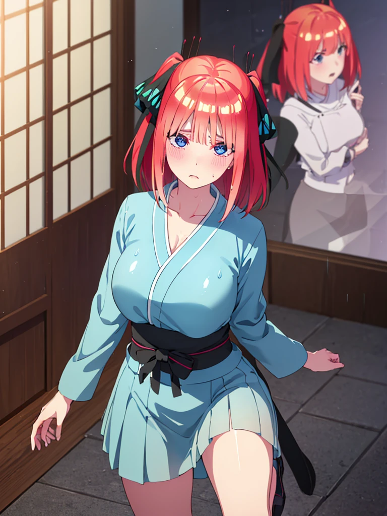 Nino nanaco、short hair, Twin tails、Pink Hair、 blue eyes, hair ornaments, Hair Ribbon, blunt , Both sides up, butterfly hair ornaments, skirt, No sleeve、Random color see-through kunoichi costume、Japanese see-through female samurai costume、See-through female ninja costume,, Open clothes, Collared dress emphasizes cleavage、胸の谷間のSweat is noticeable、Professional lighting light reflection、 looking at viewer, (masterpiece:1.2), Highest quality, High resolution, unity 8k wallpaper, (figure:0.8), (Beautiful fine details:1.6), Highly detailed face, Perfect lighting, Highly detailed CG, (Perfect hands, Perfect Anatomy),heavy rain、heavy rainで全身びしょ濡れ、heavy rainで全身びしょ濡れの服、High heels、 ((Perfect handsの形))、(Perfect foot shape、Embarrassed expression、blush、Gestures to seduce a man、Shining Sweat、Perfect Skin,Sweat is noticeable、太もものSweat is noticeable、 Fair skin,Tight waist, Sweating profusely、Sweaty hair、Sweaty clothes、Sweaty、Visible sweat、rain-wet hair、A vast Western church with stained glass windows