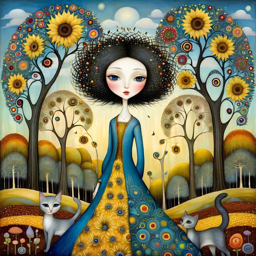 Patchwork by Klimt, Nicoletta Ceccoli, Naoto Hattori, Lawrence Didier, Leonora Carrington European woman with short black hair and a long wide skirt walks through a beautiful forest with oddly shaped trees of many colors, baobabs. holds flowers and berries. Around her very long-necked cats. warm colors, blue sky and sunshine.sunflower flowers and dandelion flowers
