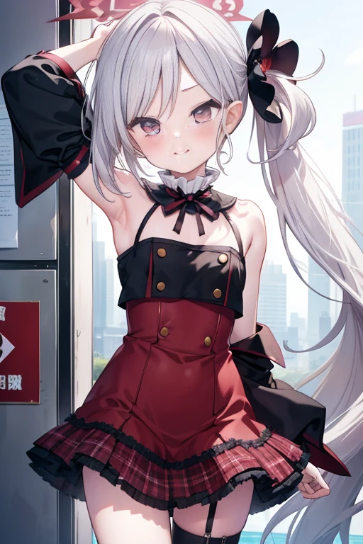 Asahi Mutsuki、Good looking girl (blush, Perfect Face), independent , Looking into the camera, masterpiece, Anime art style, Cute Characters, Most detailed, high quality、Nico Nico Smile、Show me your armpits、Silver Hair、Side Ponytail、小さいchest、****ta、Combat Uniform、he has a gun,Skin area_Many,Cloth area_small,Miniskirt,chest_Show me your skin