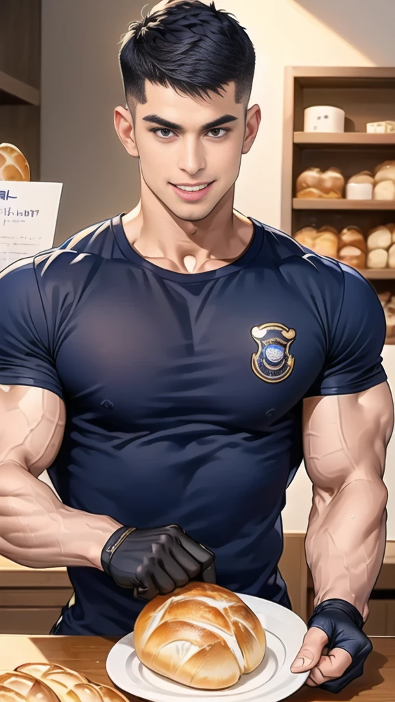 (handsome Man sitting on table eating bread ),(crew cut short hair:1.8),black eye,(Wear a fitted round neck t-shirt in navy with a police badge.:1.5),(fit neck),Navy blue jeans,(black_gloves:1.2), Korean guy,chest muscles,large arm muscles,blood vessel,Big muscles,Broad shoulders, (open mouth:1.2),(face up:1.2),(open eyes:1.5), middle of the road,smile, In the bread shop, 