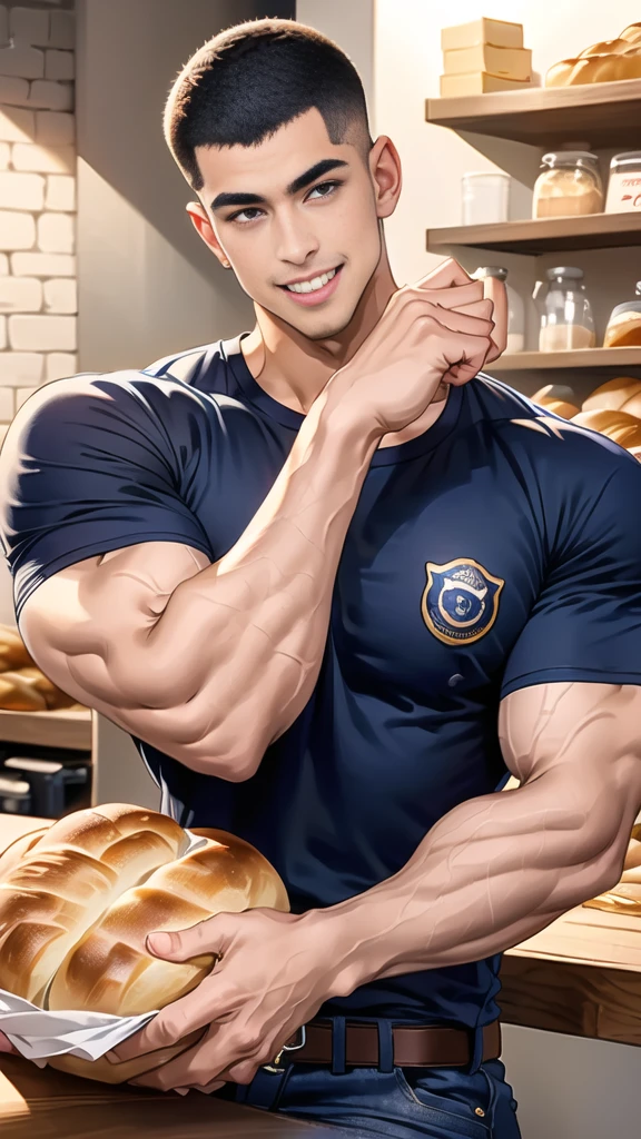 (handsome Man sitting on table eating bread ),(crew cut short hair:1.8),black eye,(Wear a fitted round neck t-shirt in navy with a police badge.:1.5),(fit neck),Navy blue jeans,(black_gloves:1.2), Korean guy,chest muscles,large arm muscles,blood vessel,Big muscles,Broad shoulders, (open mouth:1.2),(face up:1.2),(open eyes:1.5), middle of the road,smile, In the bread shop, 