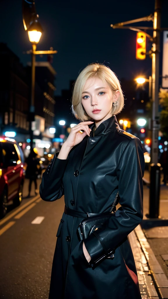 ((Best Quality, 8k, Masterpiece: 1.3)), Focus Sharp: 1.2, Outstanding Beauty: 1.4, Blonde, blue eyes, police uniform, black coat, violin bag, (Night City, Street: 1.1), bob cut hairstyles, Earring, Highly Detailed Face and Skin Texture, Detailed Eyes, Double Eyelids,