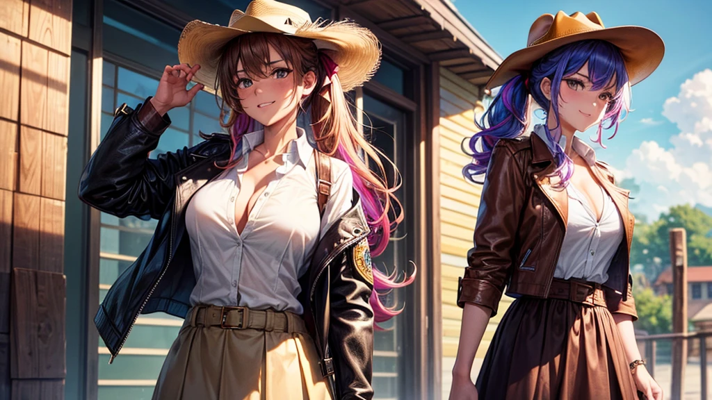 1girl, solo, wild west, summer, village, western, cowboy, sun, clouds, ((colorful hair)), curly hair, ponytail, large full breasts, ((brown leather jacket)), button down shirt, ((white shirt)), ((short sleeved shirt)), ((unbuttoned shirt)), unbuttoning buttons, cleavage 1:3, brown eyes, skirt, grin, looking at the viewer, standing, hair ribbon, golden necklate, pistole, shooting, cowboy hat