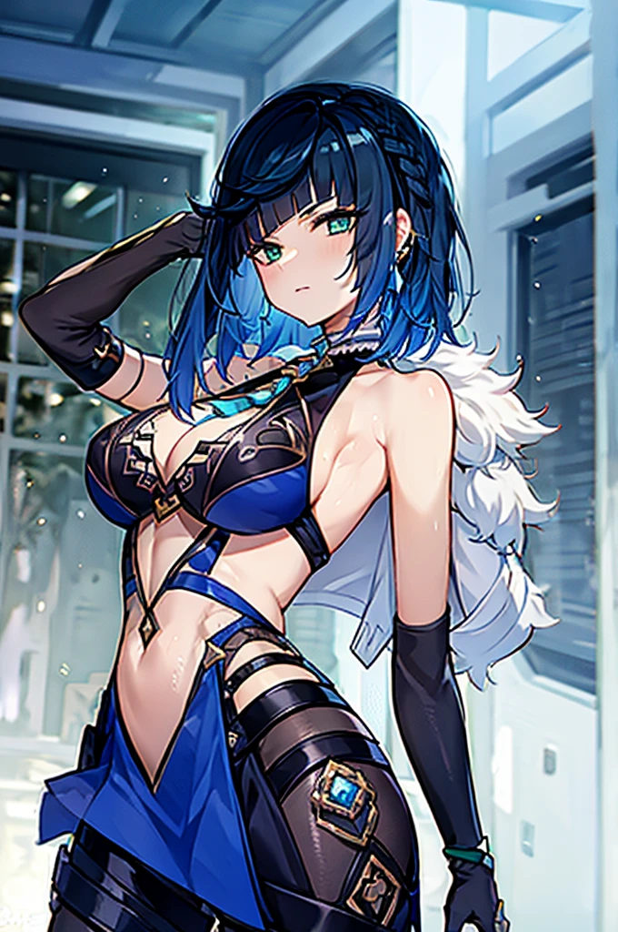 (masterpiece, best quality, 1girl, solo, intricate details, chromatic aberration), (realistic),(skin), ((breath)),(yelan \(genshin impact\)),(blue hair,blunt bangs),detailed hair, hair over one eye,green eyes, earrings, sharp eyes, choker,(((black long sleeve crop top ))),((symmetry eyes)),((perfect symmetrical body)), night, rainy, wet, back alley