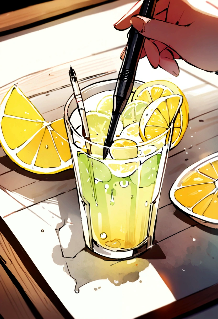 Painting a glass of lemonade, straw with lemon, drawing in watercolor, sketching a glass of lemonade with a brush pen, with a lemon lying on a wooden table, digital sketching, Drip paint. Perfect color grading. Influenced by Karel Appel and Jeremy Mann, extremely detailed, Beautiful, extremely detailed, Editorial shot, 50mm lens shot, depth of field, Shutter speed 1/1000, F/22. Light Map, Super Bright