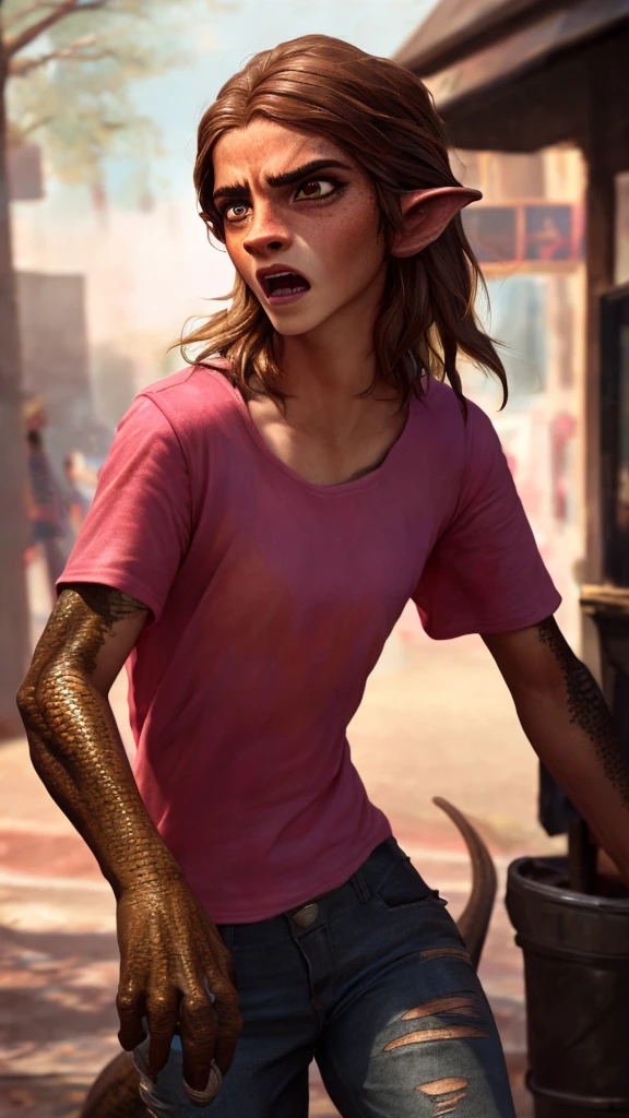 1girl, ewt, Emma watson, beautiful detailed eyes, horrified, scared, beautiful detailed lips, extremely detailed eyes and face, long brown hair, pink t-shirt, jeans, tattered clothes, standing on a street corner, award winning, intricate details, photorealistic, cinematic lighting, volumetric lighting, depth of field, beautiful face, striking pose, dynamic composition, vivid colors, warm tones, transformation into a dragon, green dragon with gold scales, magma scales