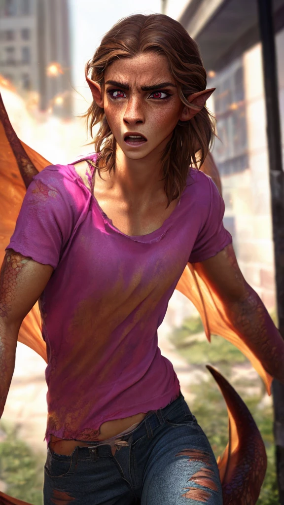 1girl, ewt, Emma watson, beautiful detailed eyes, horrified, scared, beautiful detailed lips, extremely detailed eyes and face, long brown hair, pink t-shirt, jeans, tattered clothes, standing on a street corner, award winning, intricate details, photorealistic, cinematic lighting, volumetric lighting, depth of field, beautiful face, striking pose, dynamic composition, vivid colors, warm tones, transformation into a dragon, green dragon with gold scales, magma scales