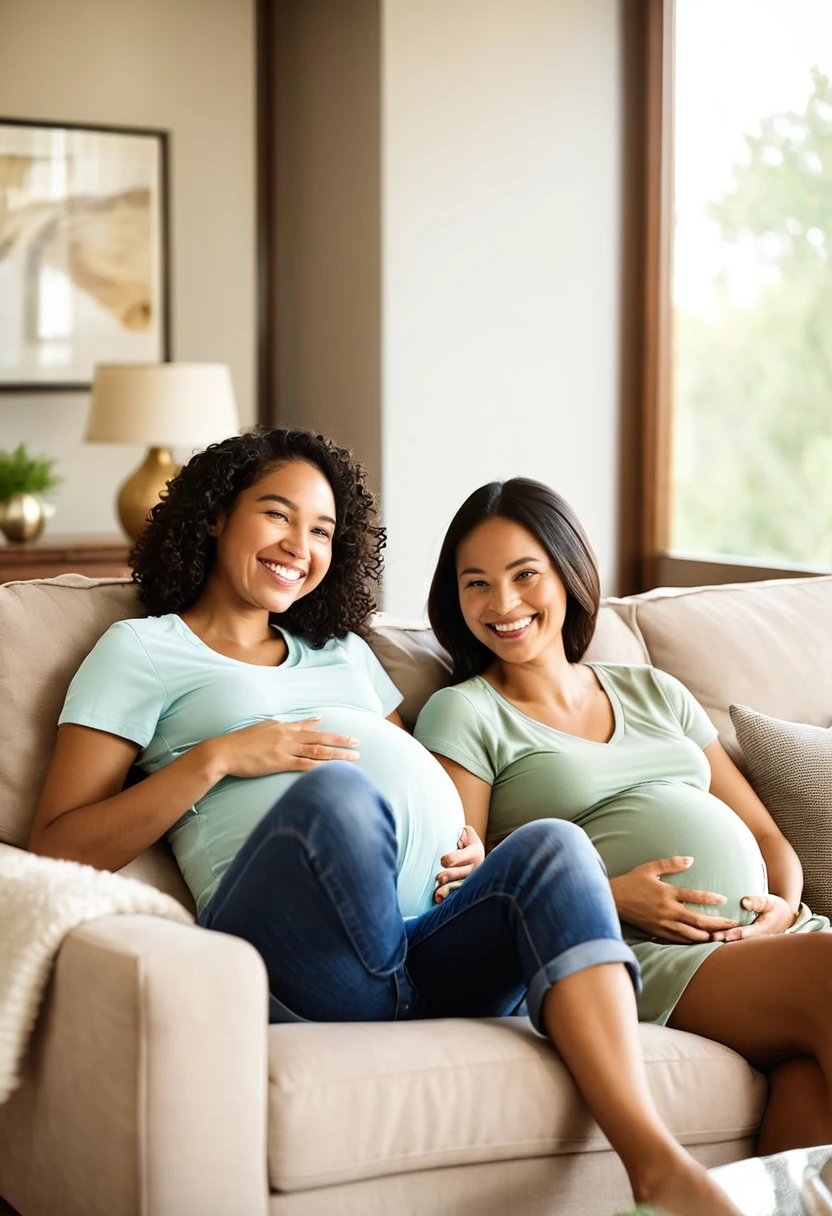 A serene scene featuring two expectant mothers sitting on a comfortable couch in a cozy living room, each holding their baby bump. They are wearing similar soft-toned outfits and smiling gently. Next to them is a man, also smiling warmly. The room is softly lit by natural sunlight streaming through large windows, creating a warm and inviting atmosphere. In the background, there are soft cushions, a teddy bear, and tasteful decor elements adding to the coziness of the setting.