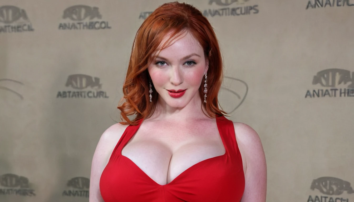 redhead woman, white skin, split chin, giant breasts, big hips, marked abdomen, sexy red dress with a large neckline, anatomical body,