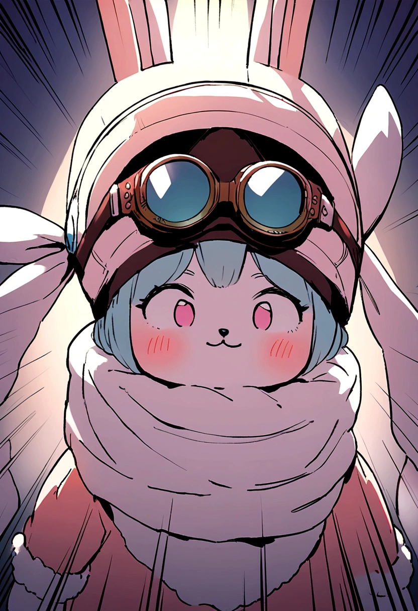 Simplify lines,2D HD,Beautiful photos,A little rabbit wearing a white scarf,Pink blush,Adorable rabbit,Rabbit with goggles on his head,Kilo,Clear lines、Bunny face、
