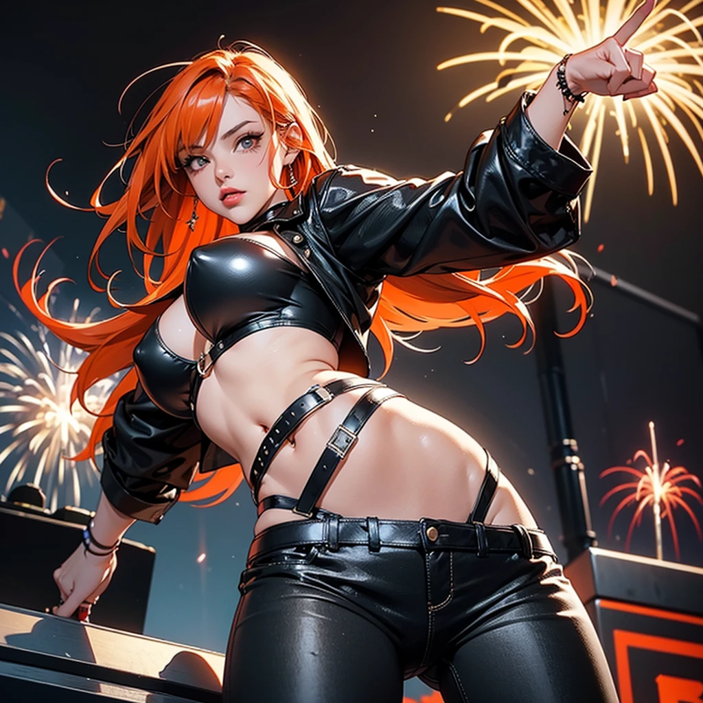 the girl lead singer of a heavy metal band, live show, in a sexy bikini, orange hair, big breasts, punk rock belt, black leather pants, lit stage and fireworks.