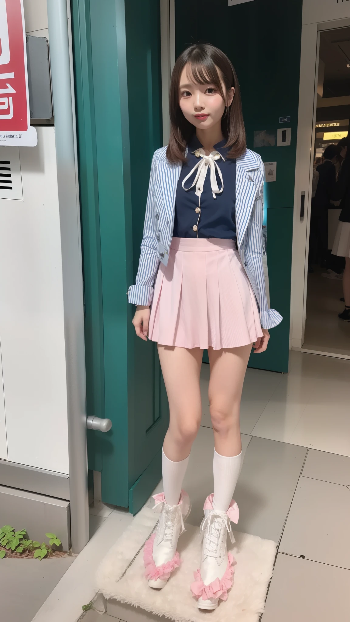 Costume like a idol, blue and white half sleeve Jacket, pink satin ruffled blouse, White and pink stripe pleated skirt, white lace up boots