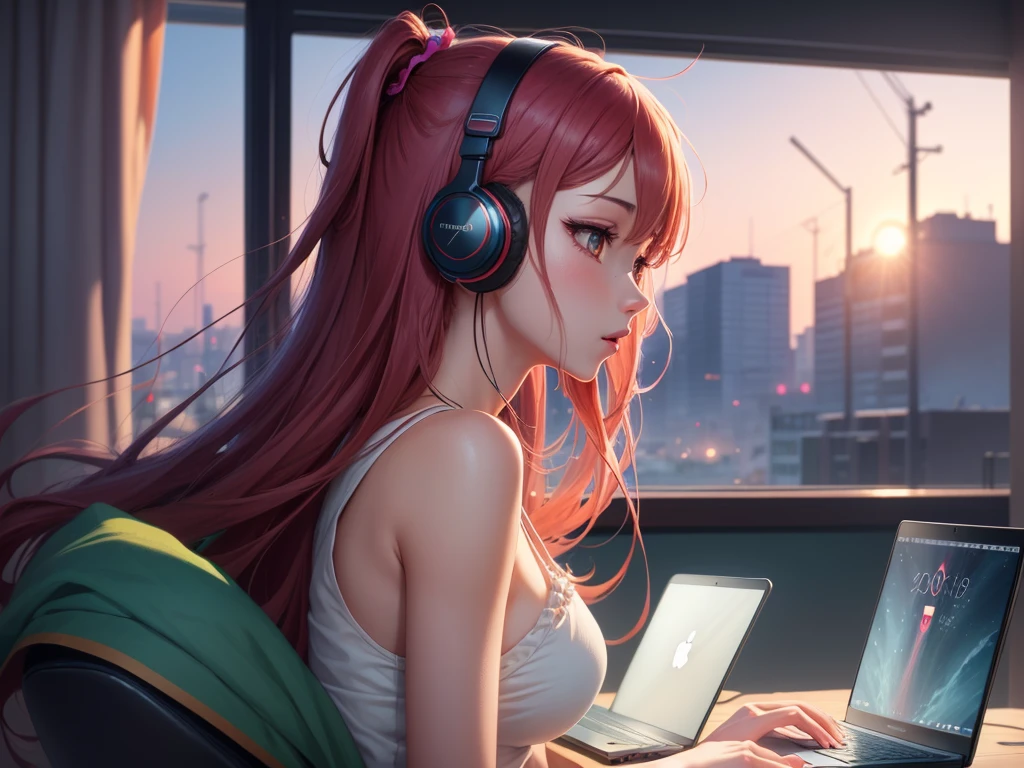 Anime girl with headphones sitting on laptop table, profile、Long Hair－、Anime Style 4 k, Nightcore, Lo-fi Girl, Anime atmosphere, Lofi Artstyle, Portrait of Roffey, Anime Style. 8K, 4k anime wallpaper, anime wallpaper 4k, anime wallpaper 4k, Lofi Art, anime art wallpaper 4k, anime art wallpaper 4k, Anime Aesthetics




